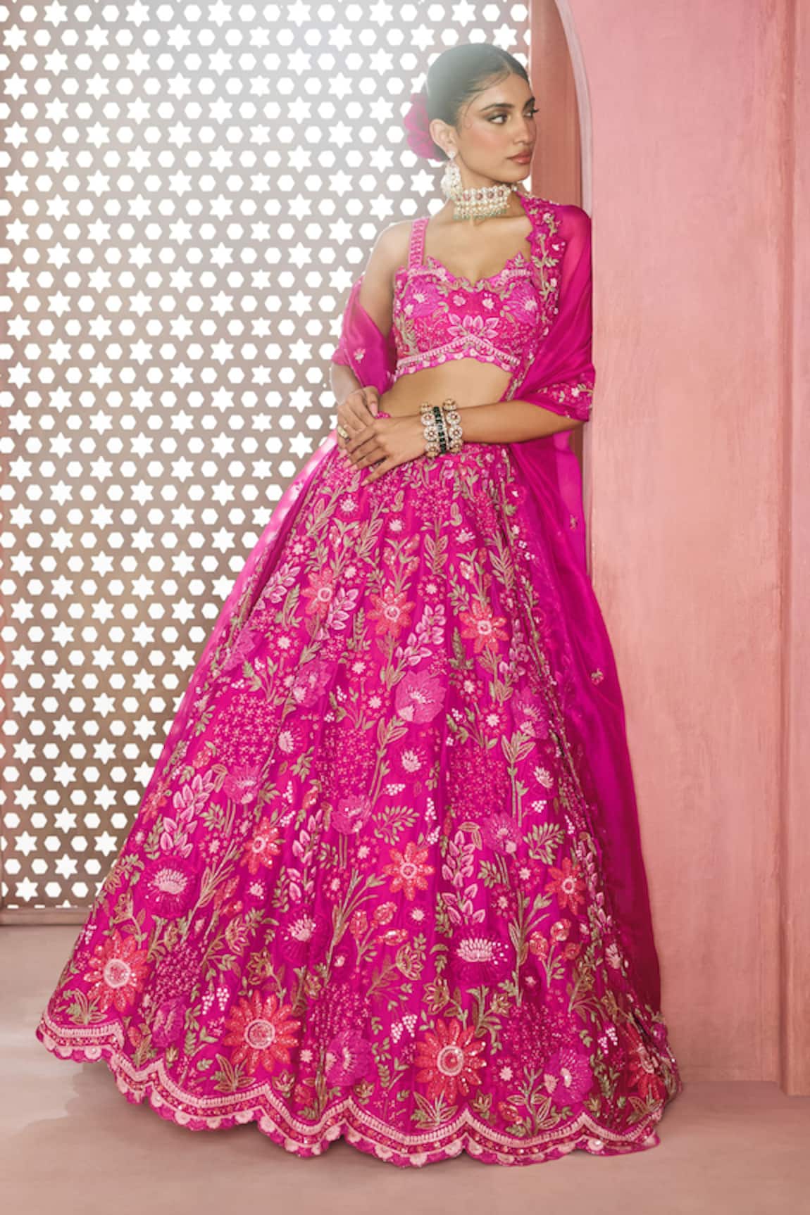 Aneesh Agarwaal Fuchsia Pink Embroidered Lehenga Set 