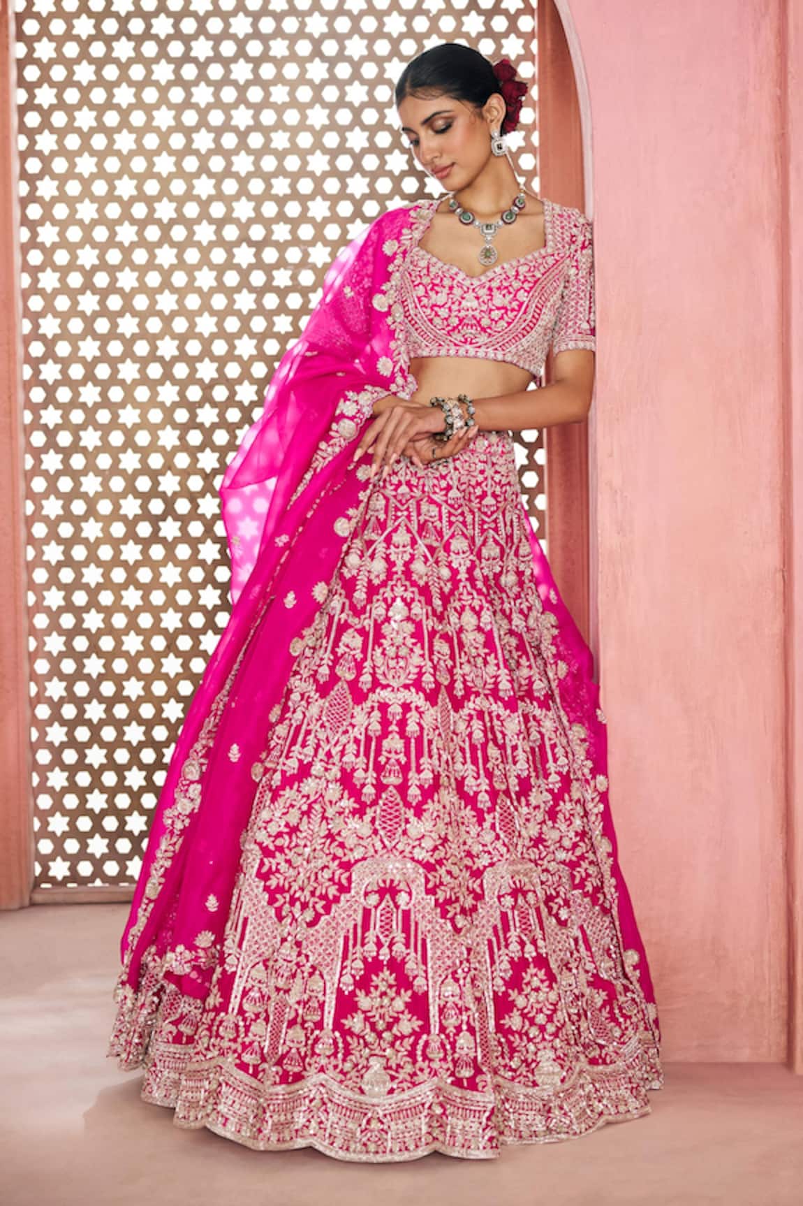 Aneesh Agarwaal Fuschia Silk Organza Lehenga Set 