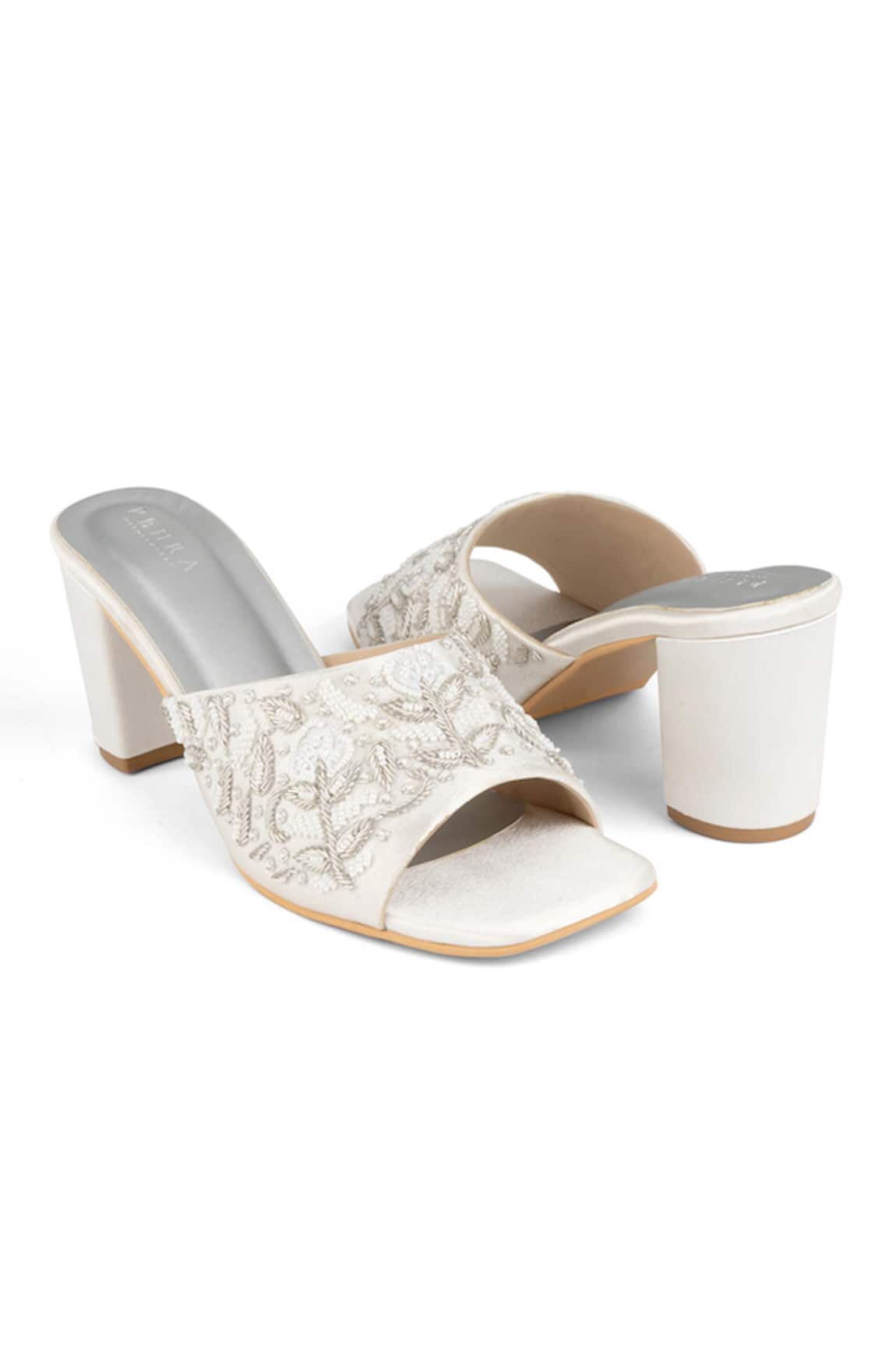 PEHRA Silver Embroidered Block Heels 