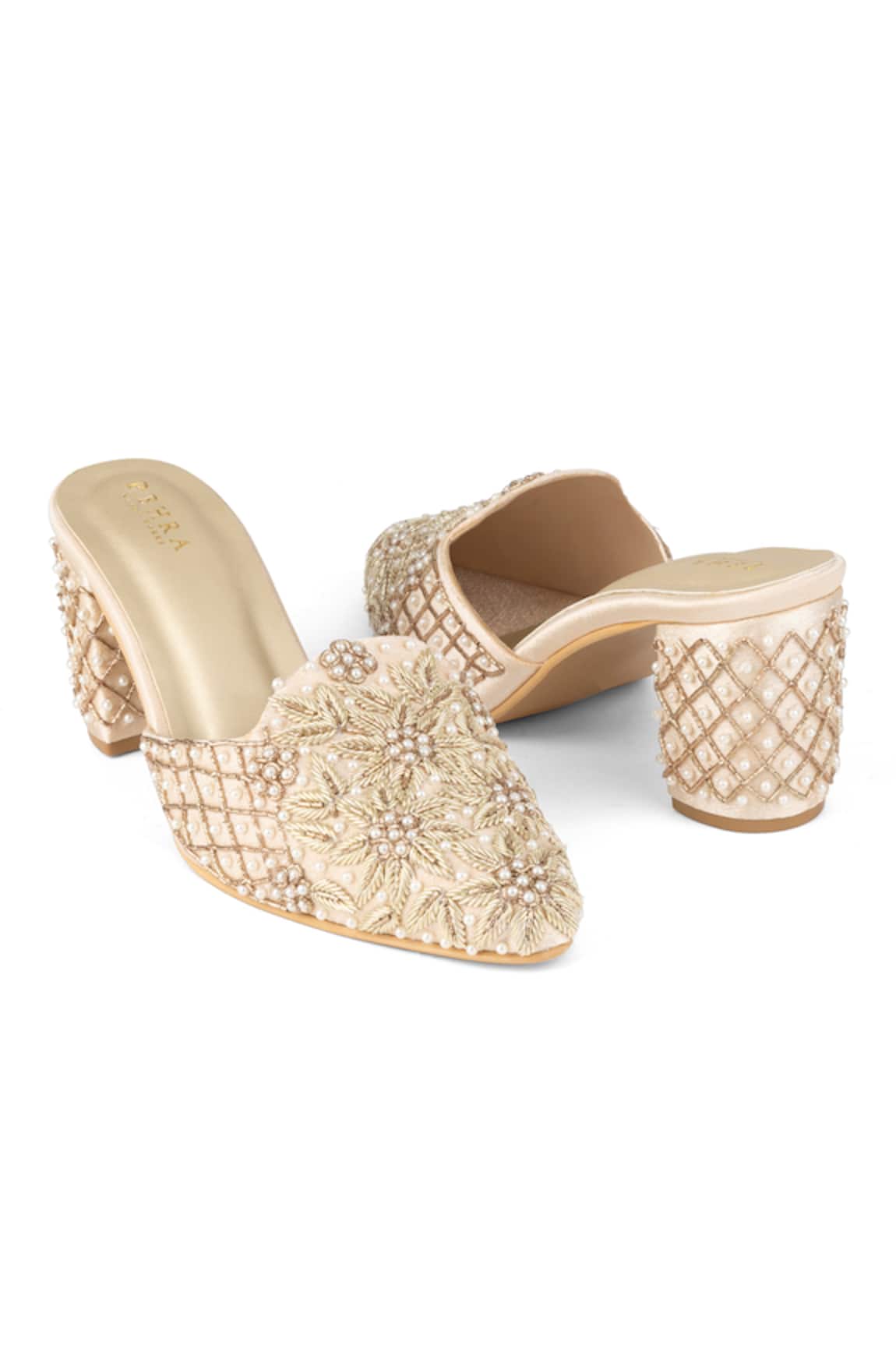 PEHRA Beige Embroidered Mule Block Heels 