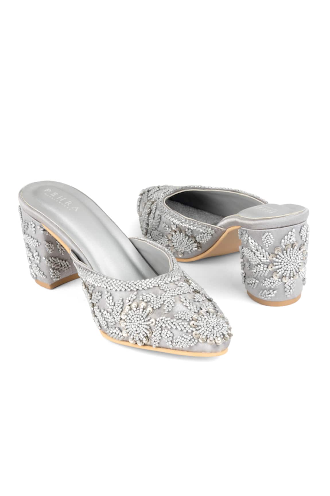 PEHRA Silver Metallic Embroidered Mule Block Heels 