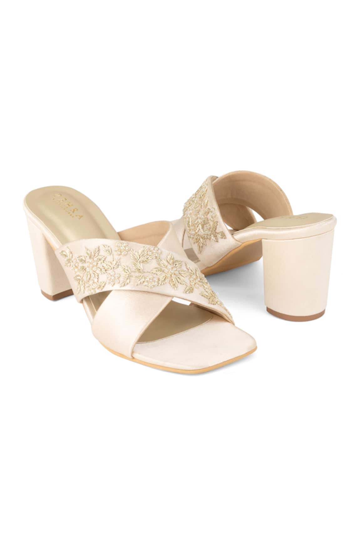 PEHRA Beige Cross Strap Block Heels 