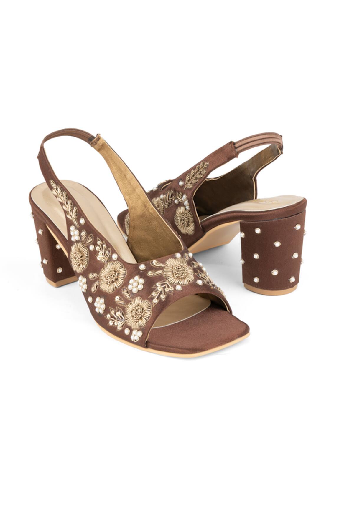 PEHRA Brown Embroidered Block Heel Sandals 