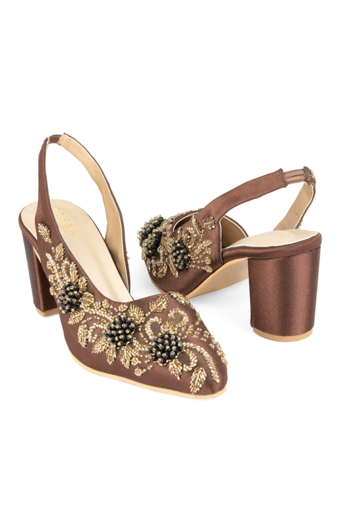 PEHRA Brown One Side Embroidered Block Heel Sandals 