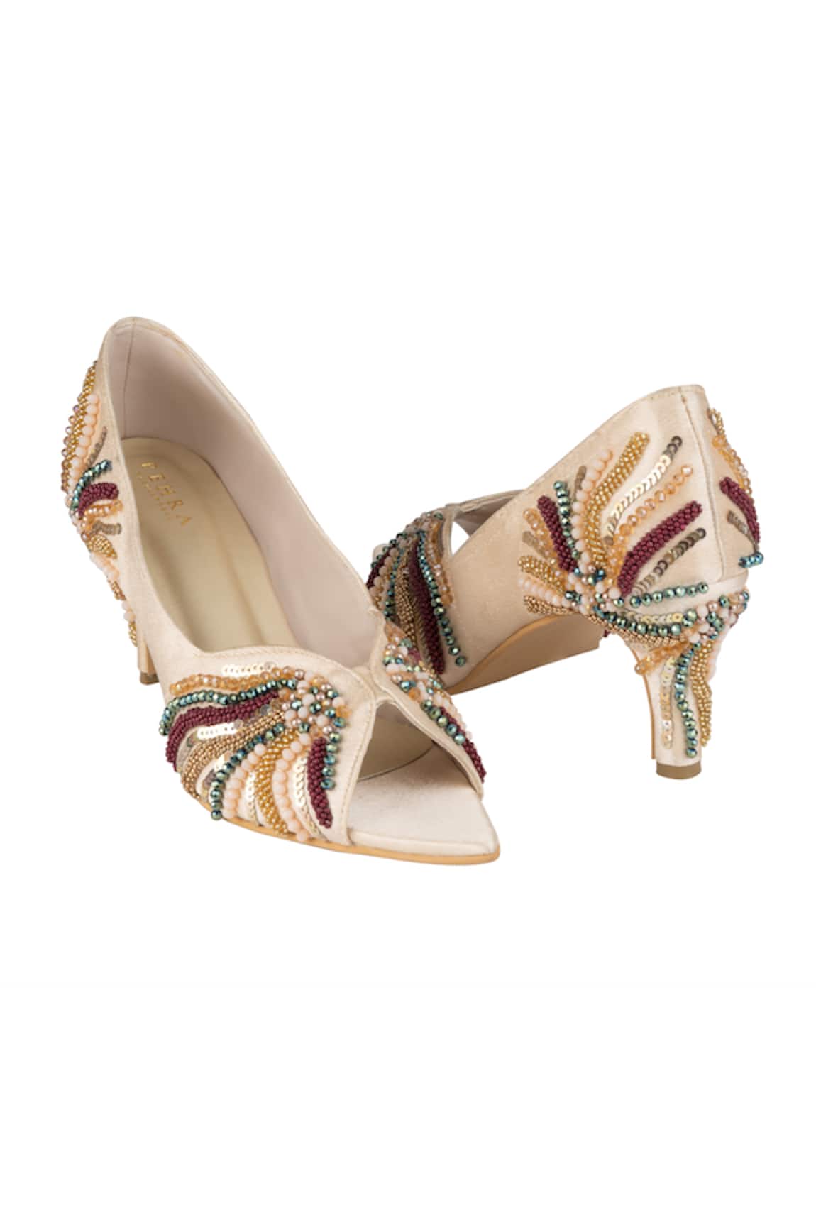 PEHRA Beige Cutwork Beaded Stiletto Heels 