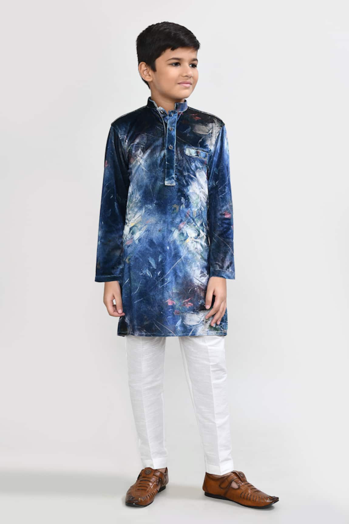 Petite Pomme Teal Blue Velvet Kurta & White Pant Set 