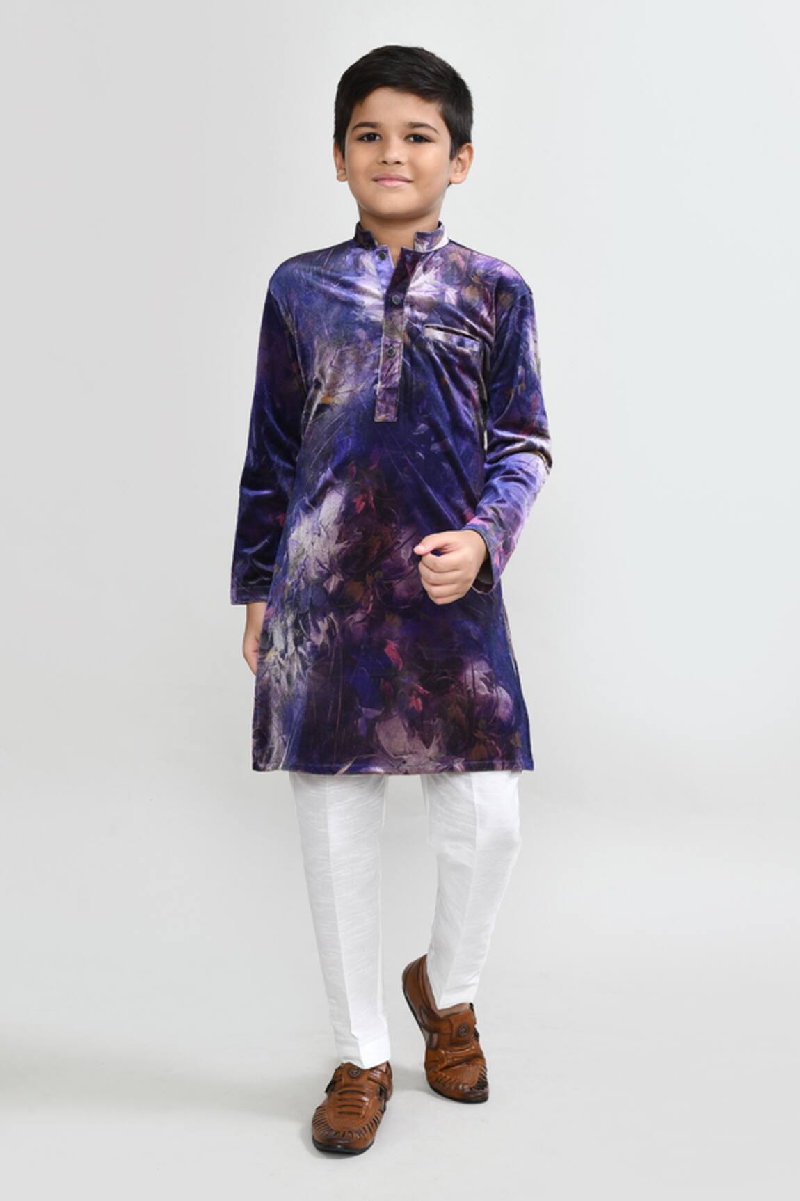 Petite Pomme Purple Velvet Kurta & White Pant Set 