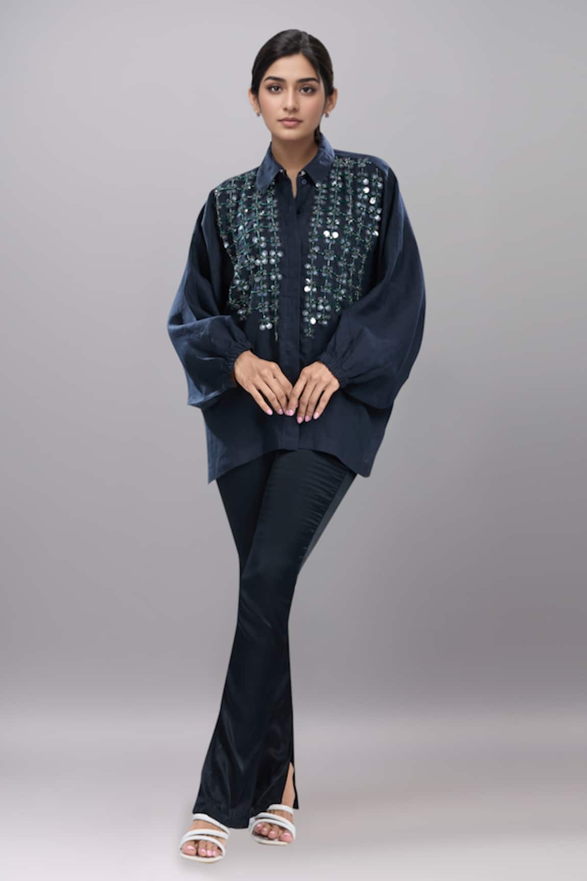 Dhruv Kapoor Navy Blue Crystal Grid Batwing Shirt 