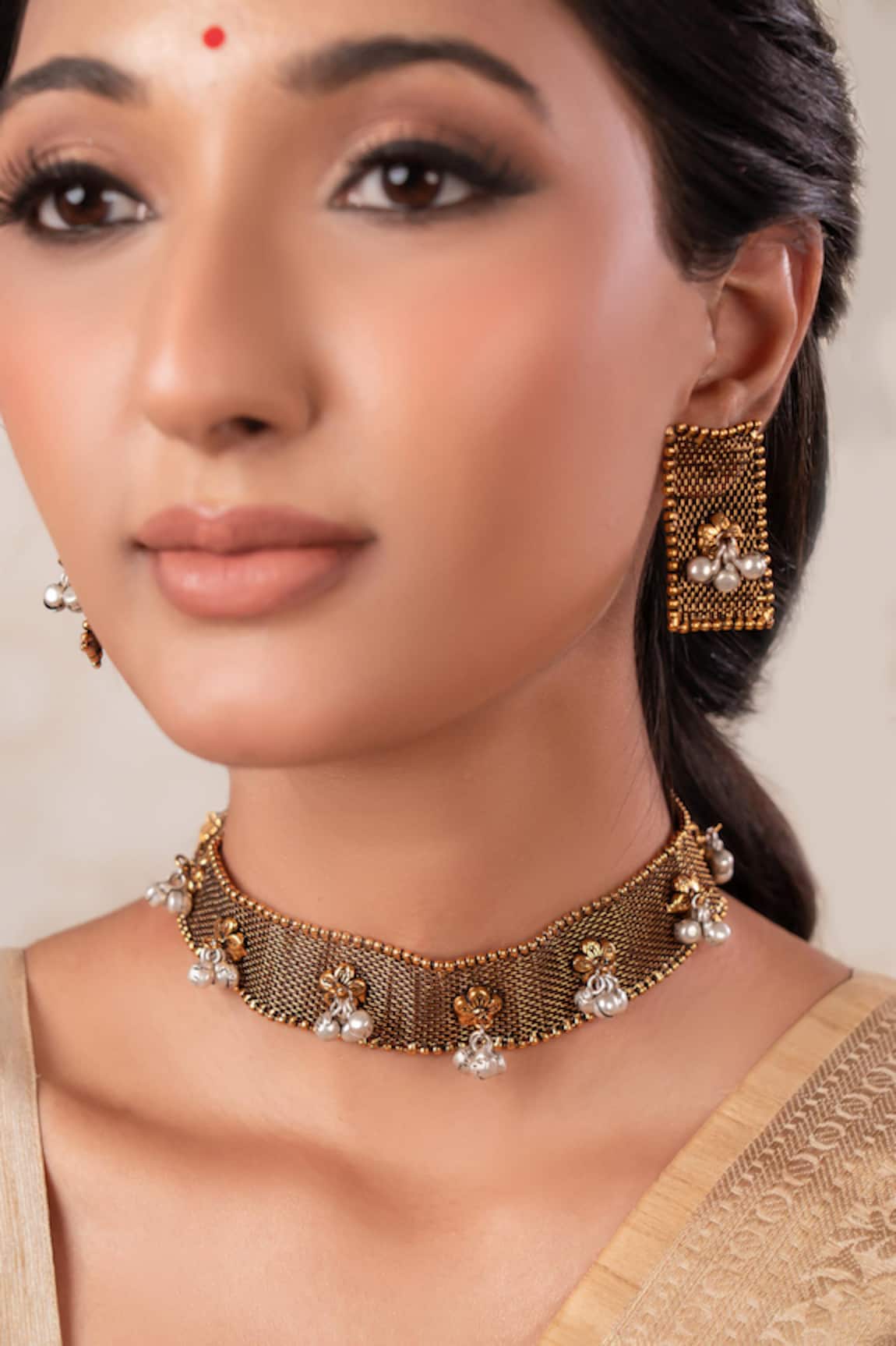 Anana Two Tone Choker Necklace & Earrings Set
