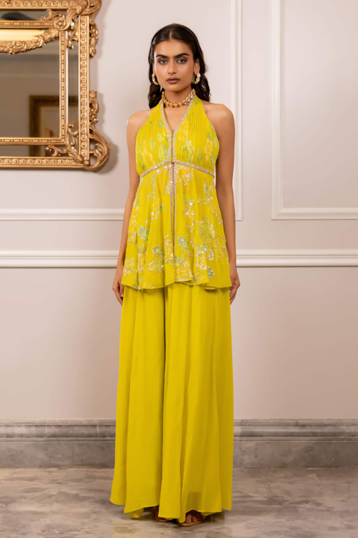 Paulmi And Harsh Yellow Georgette Tunic & Palazzo Set 
