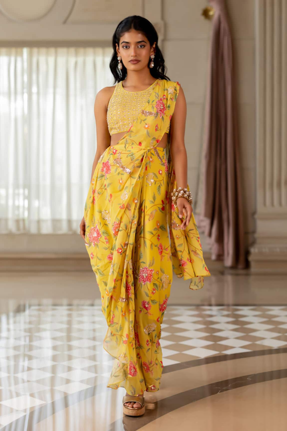 Paulmi And Harsh Yellow Floral Pre-Draped Saree Set 