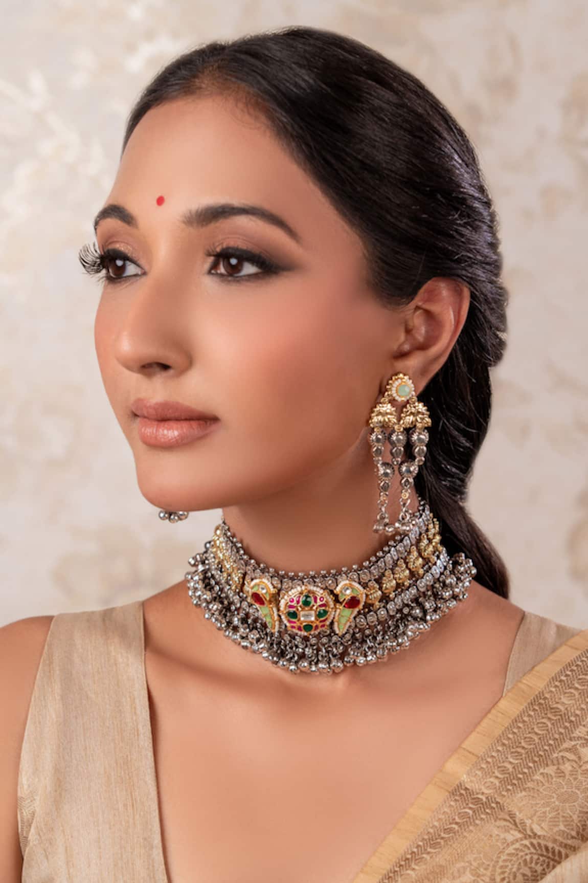 Anana Ruby Red Two Tone Choker Necklace & Earrings Set 