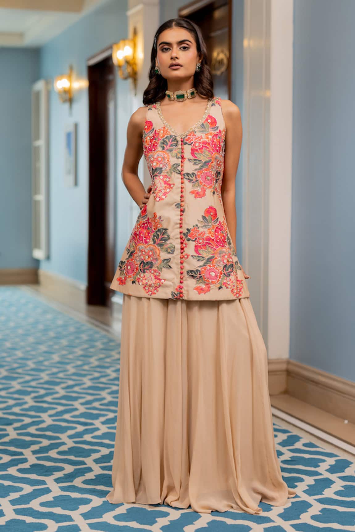 Paulmi And Harsh Designer Floral Embroidered Kurta & Palazzo 