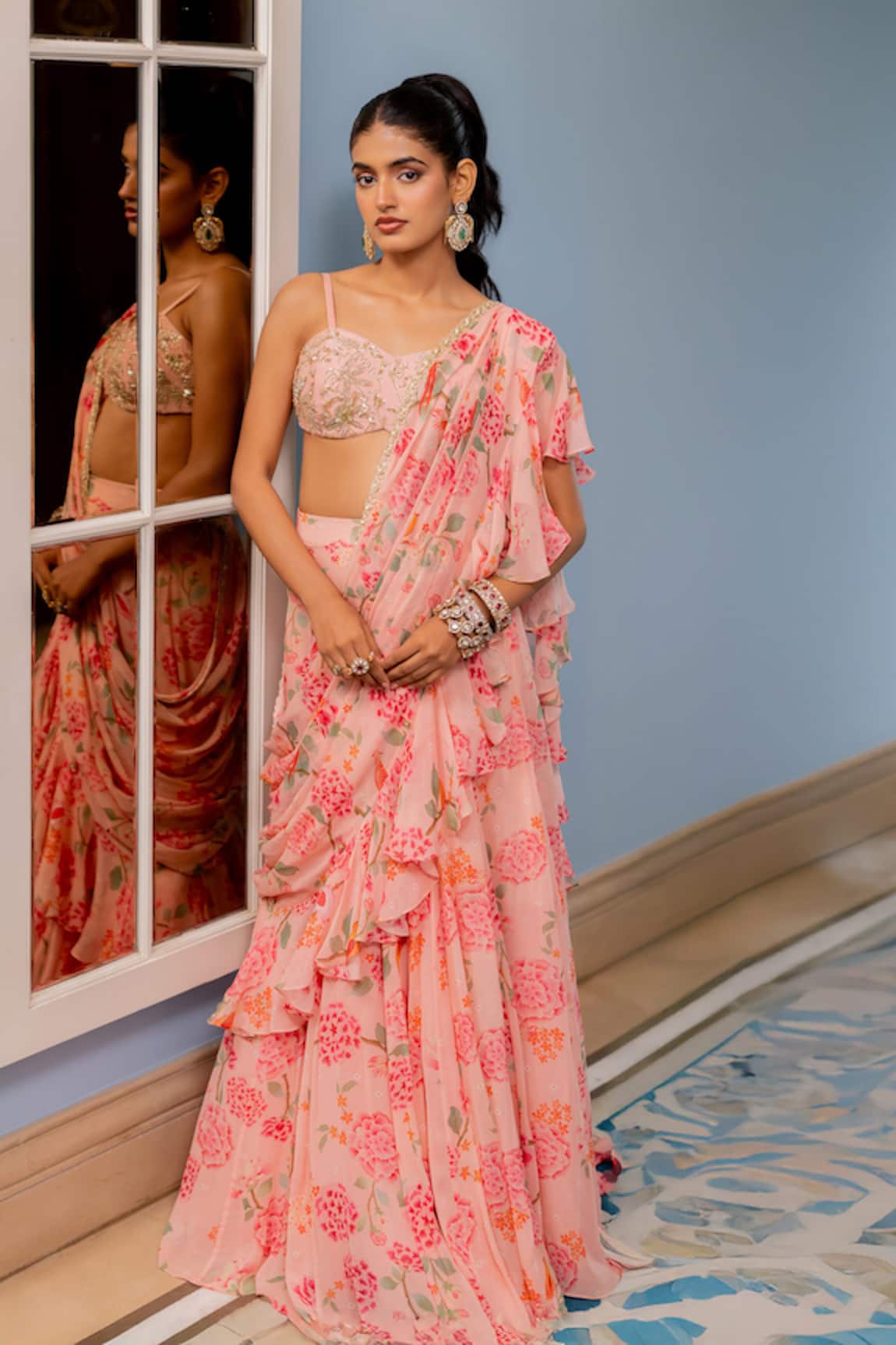 Paulmi And Harsh Floral Print Pre-draped Saree & Blouse Set 
