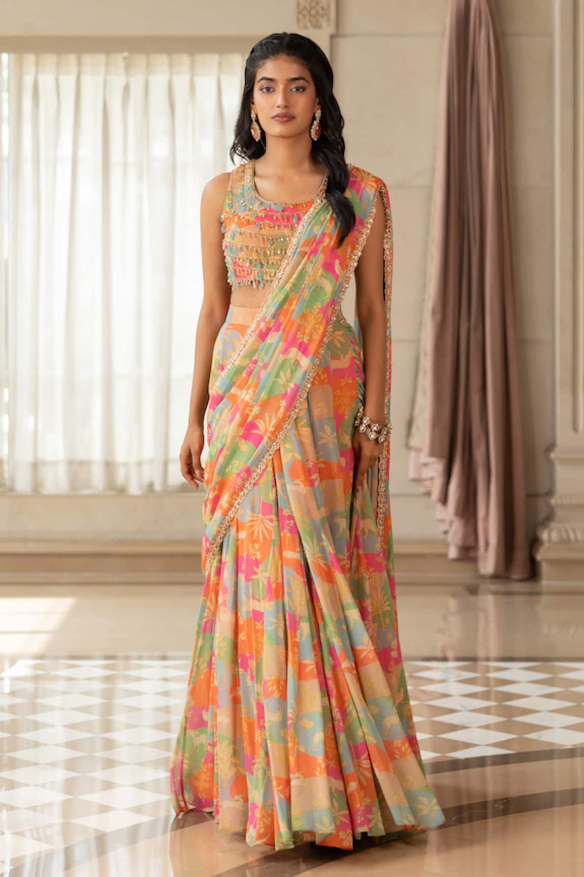 Paulmi And Harsh Designer Multi Printed Pre-draped Saree Set 