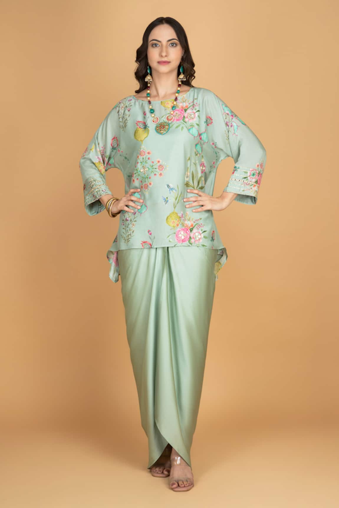 Tanu Malhotra Floral Print Cotton Silk Top & Draped Skirt 