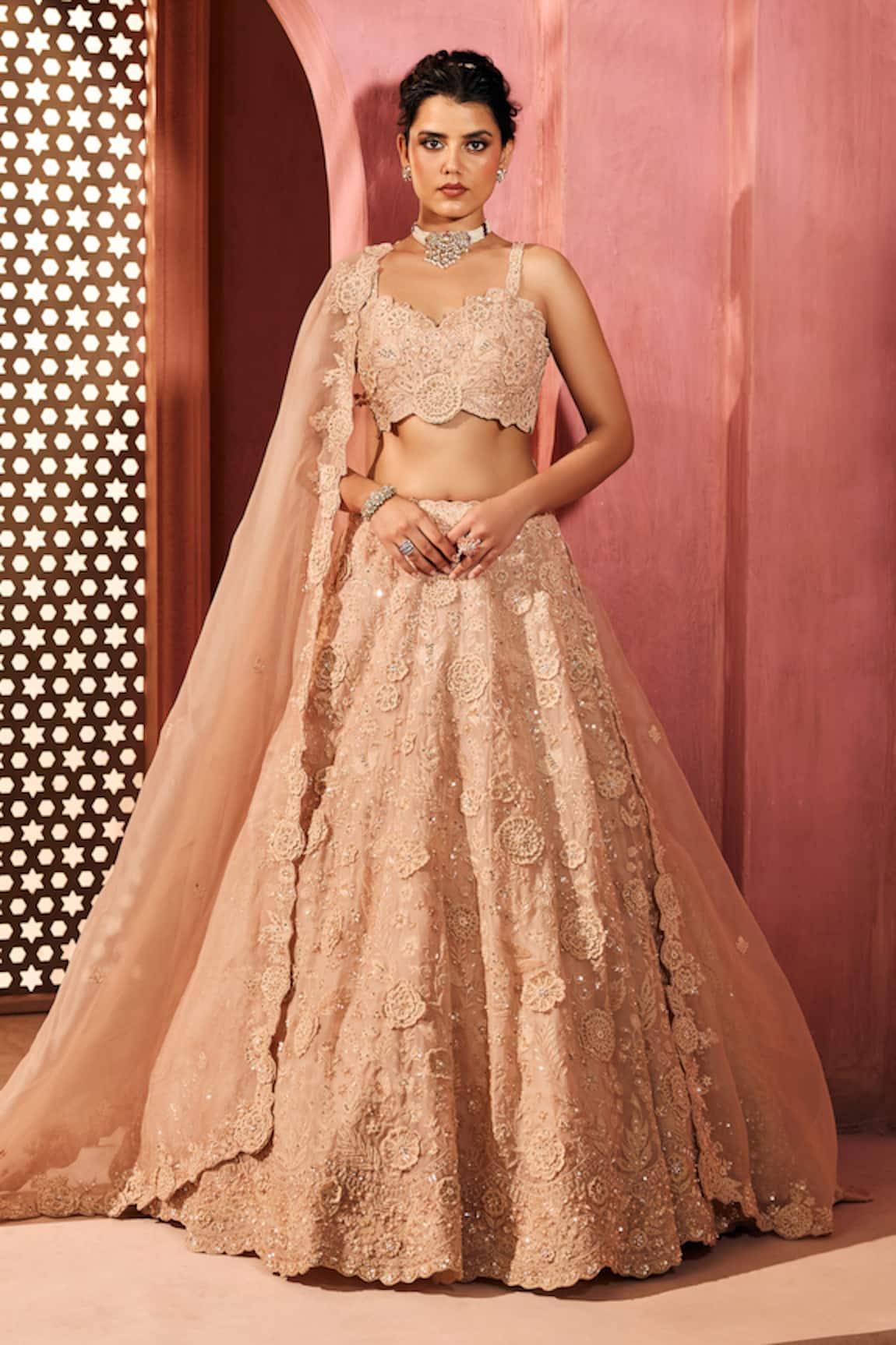 Aneesh Agarwaal Peach Silk Organza Lehenga Set 