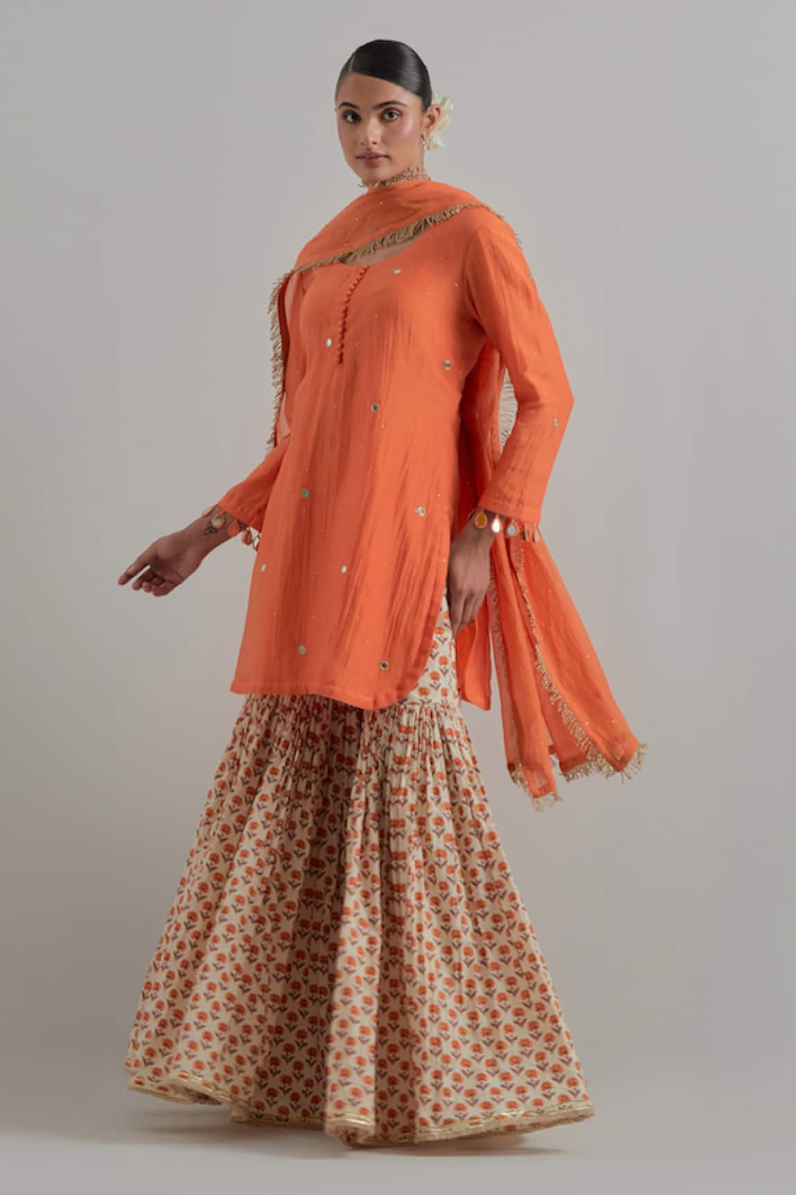 Ikshita Choudhary Orange Block Printed Kurta Gharara Set 