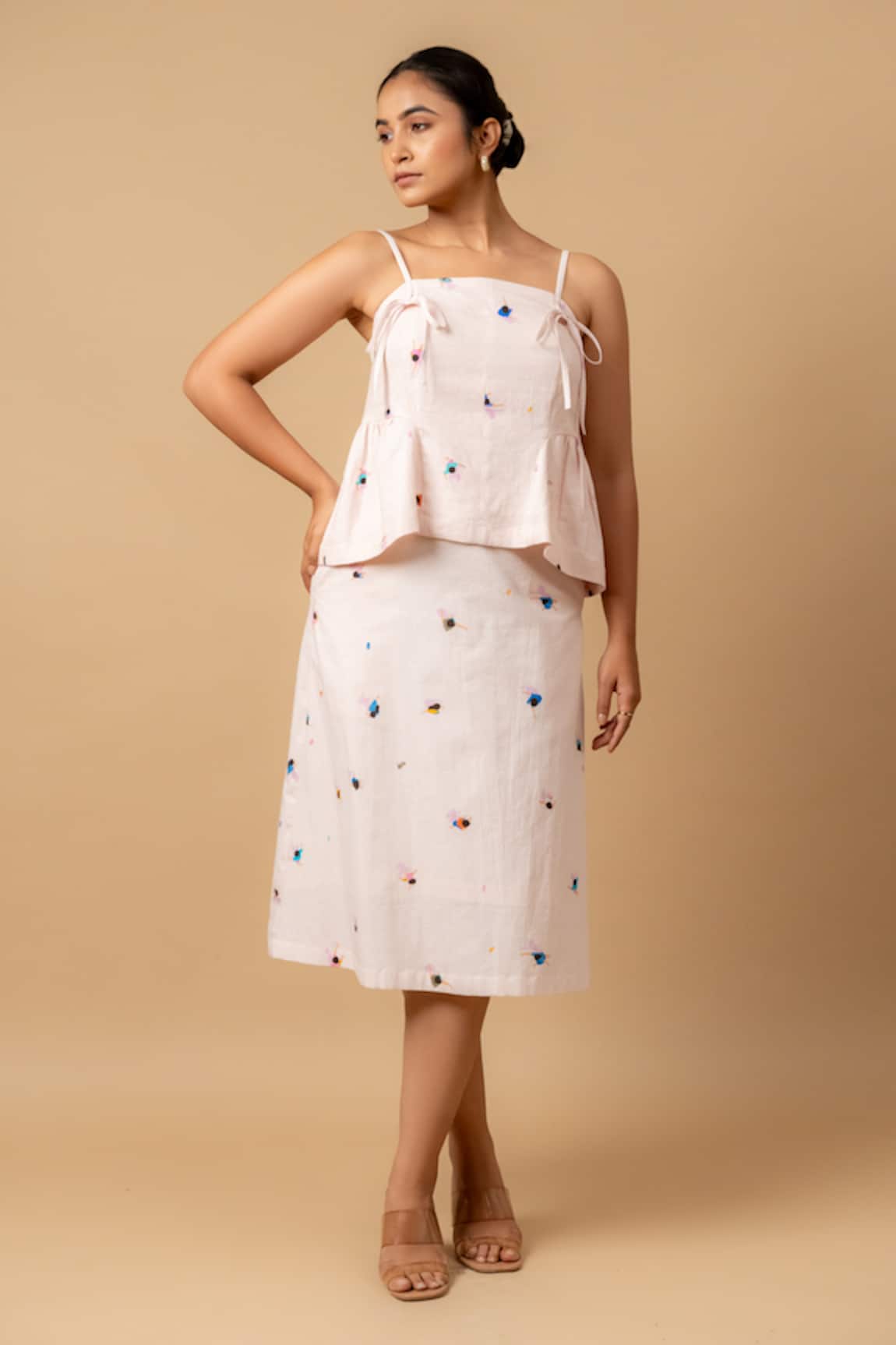Doodlage Pink Linen Embroidered Top & Skirt Set 