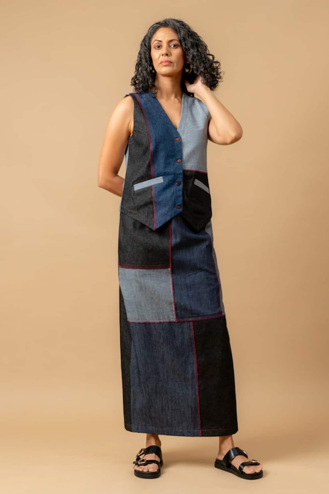 Doodlage Patchwork Denim Waistcoat & Skirt Set 