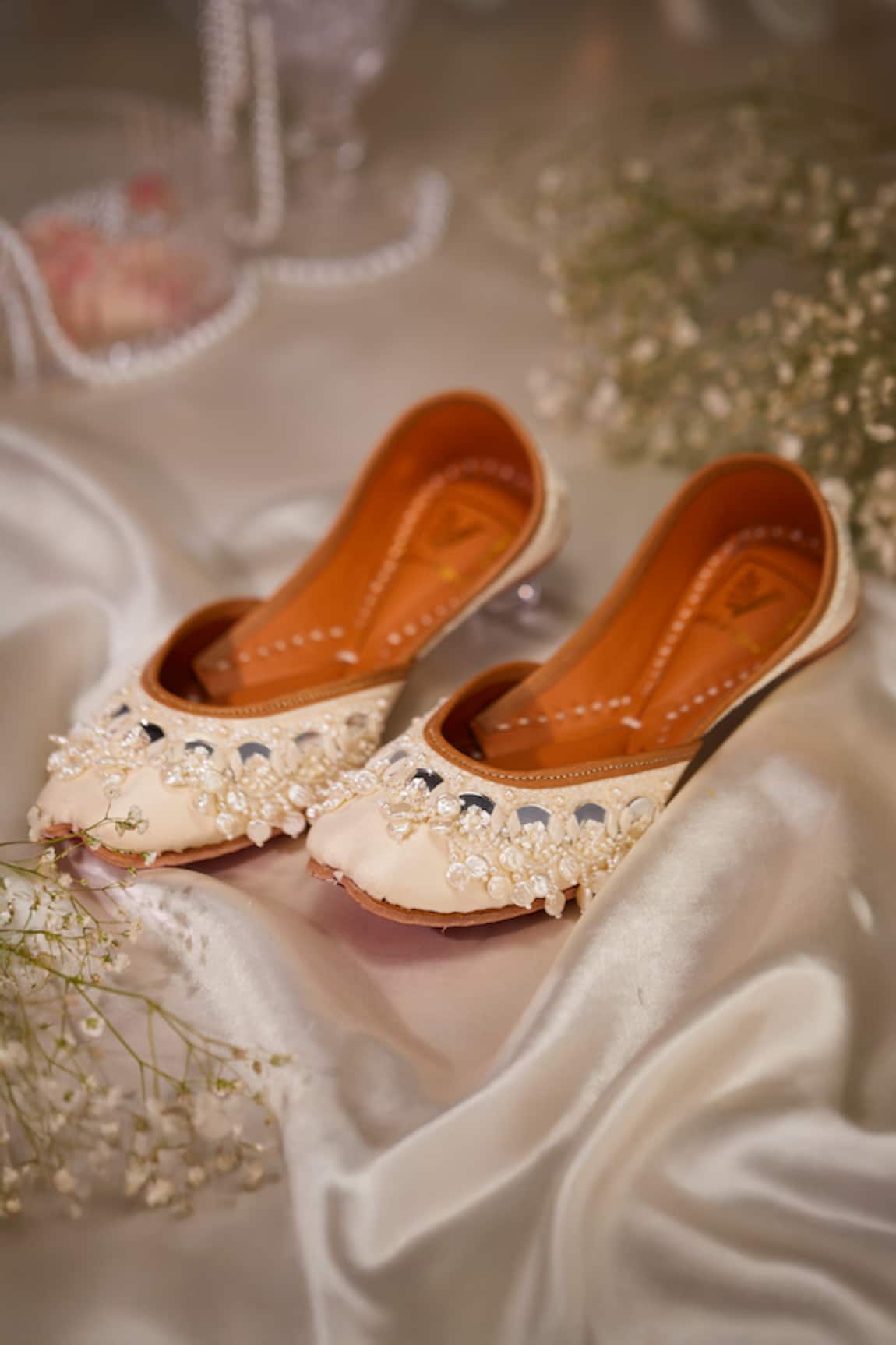 House Of Vian Embellished Cream Silk Juttis 
