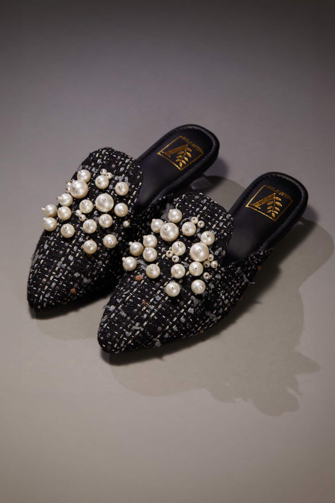 House Of Vian Pearl Embellished Black Tweed Mules 