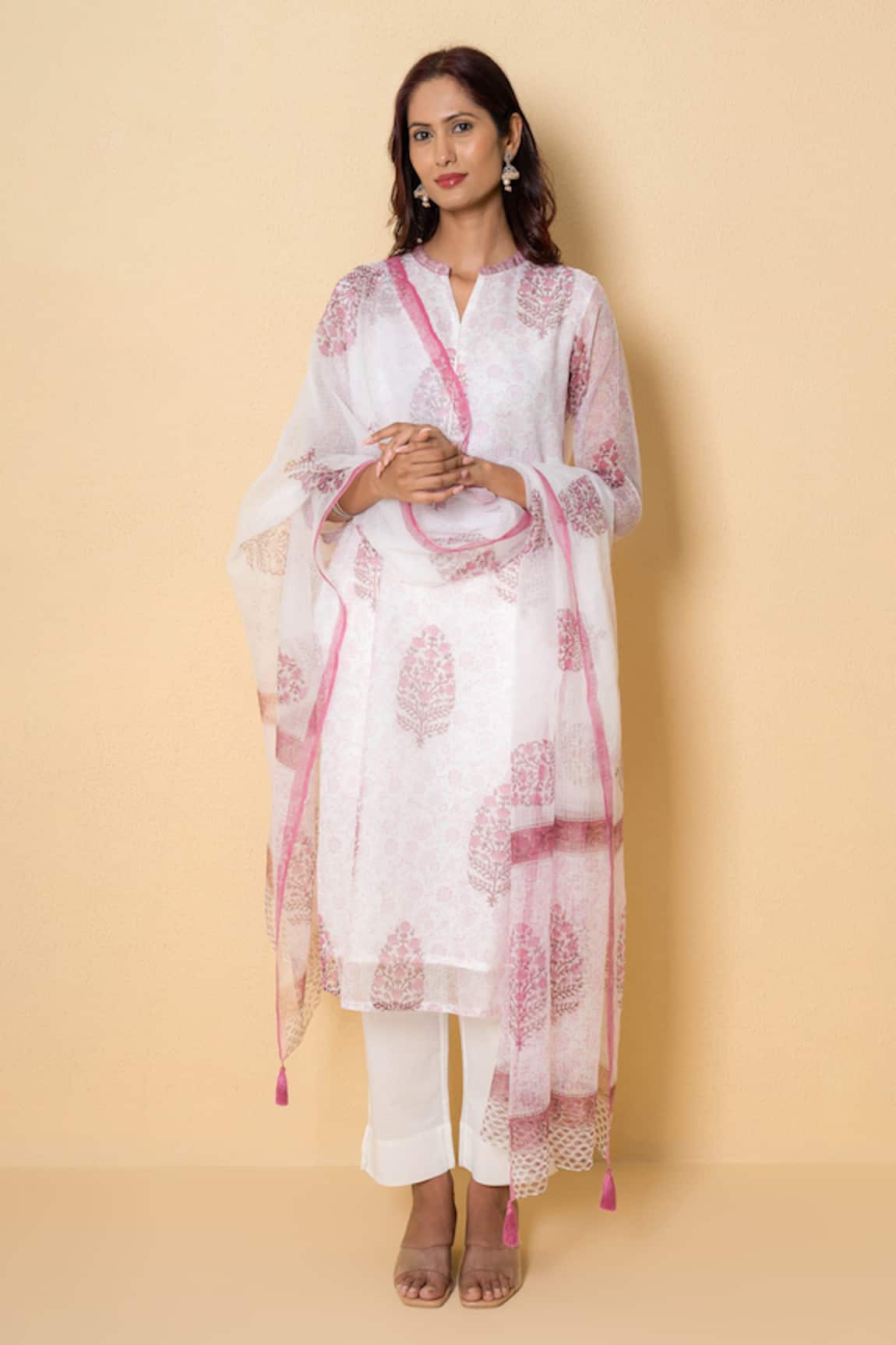 Kameez White Rose Block Print Kota Doria Suit Set
