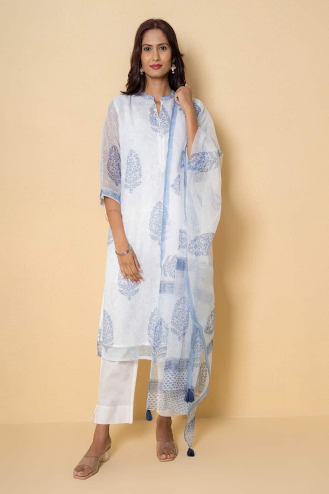 Kameez Porcelain Blue Block Print Suit Set