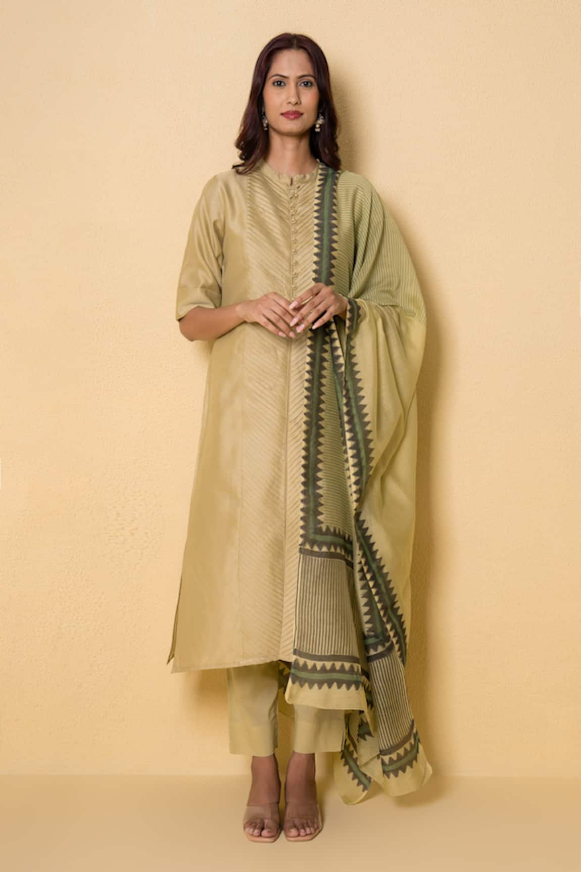 Kameez Pear Green Block Print Chanderi Suit Set
