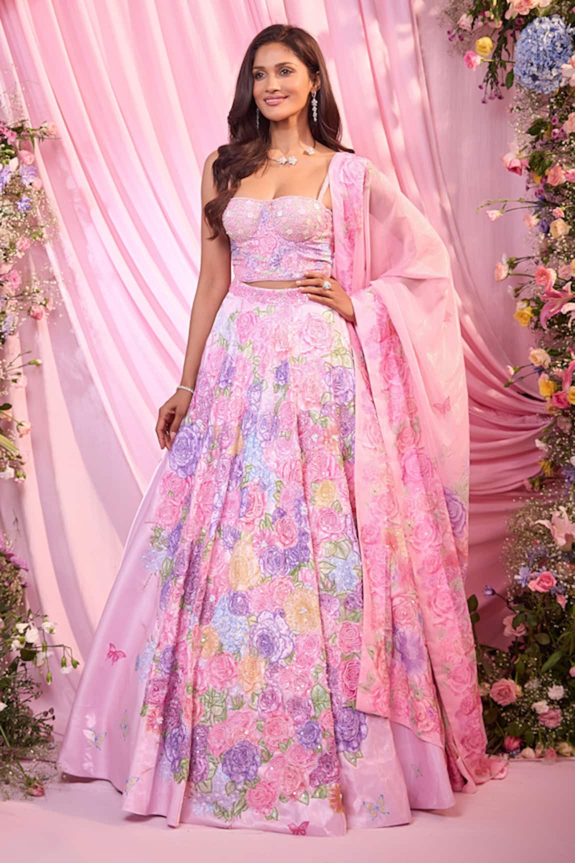 Label Priyanka Kar Floral Pink Satin Lehenga Set 