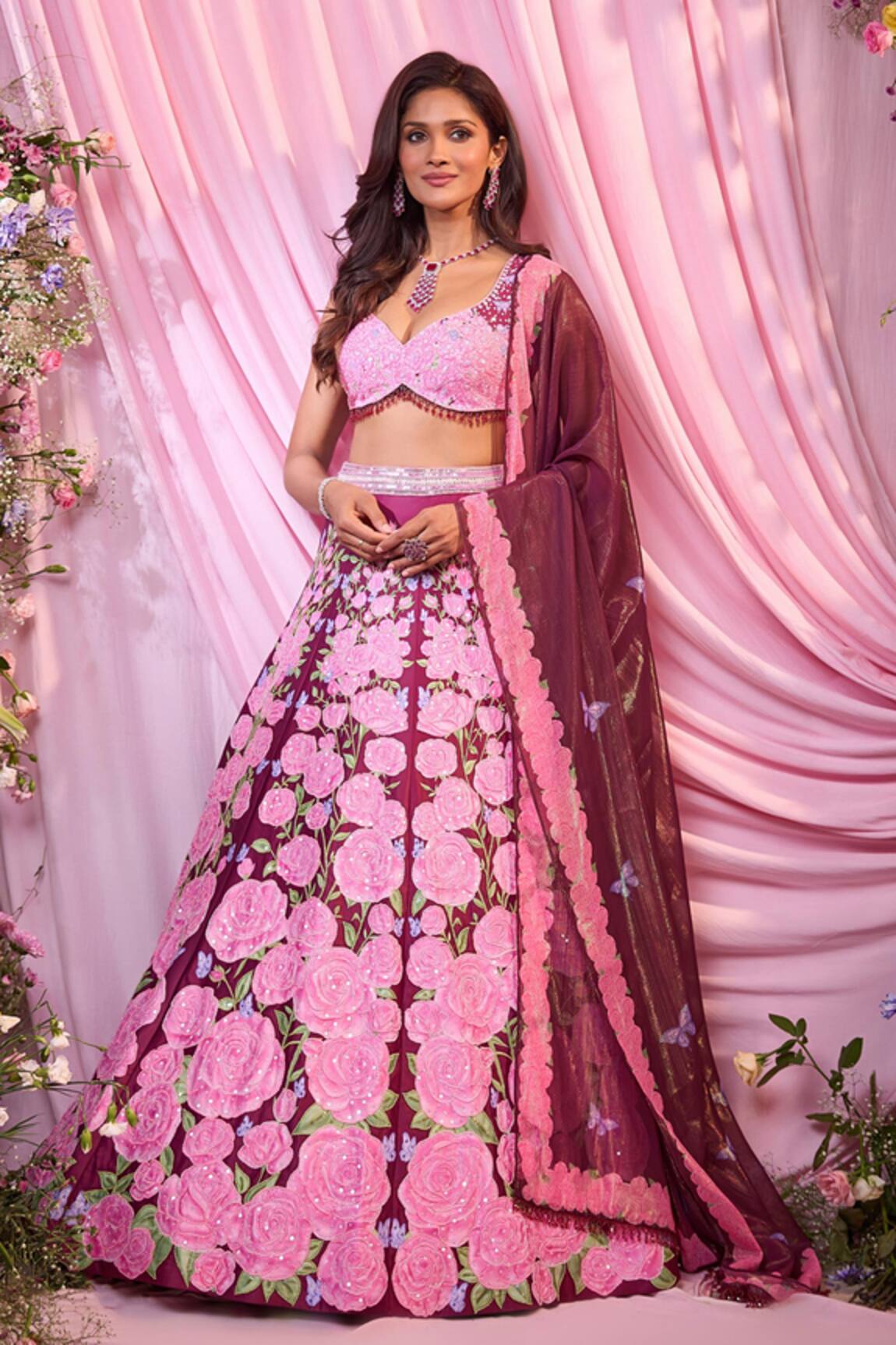 Label Priyanka Kar Floral Embroidered Maroon Lehenga Set 