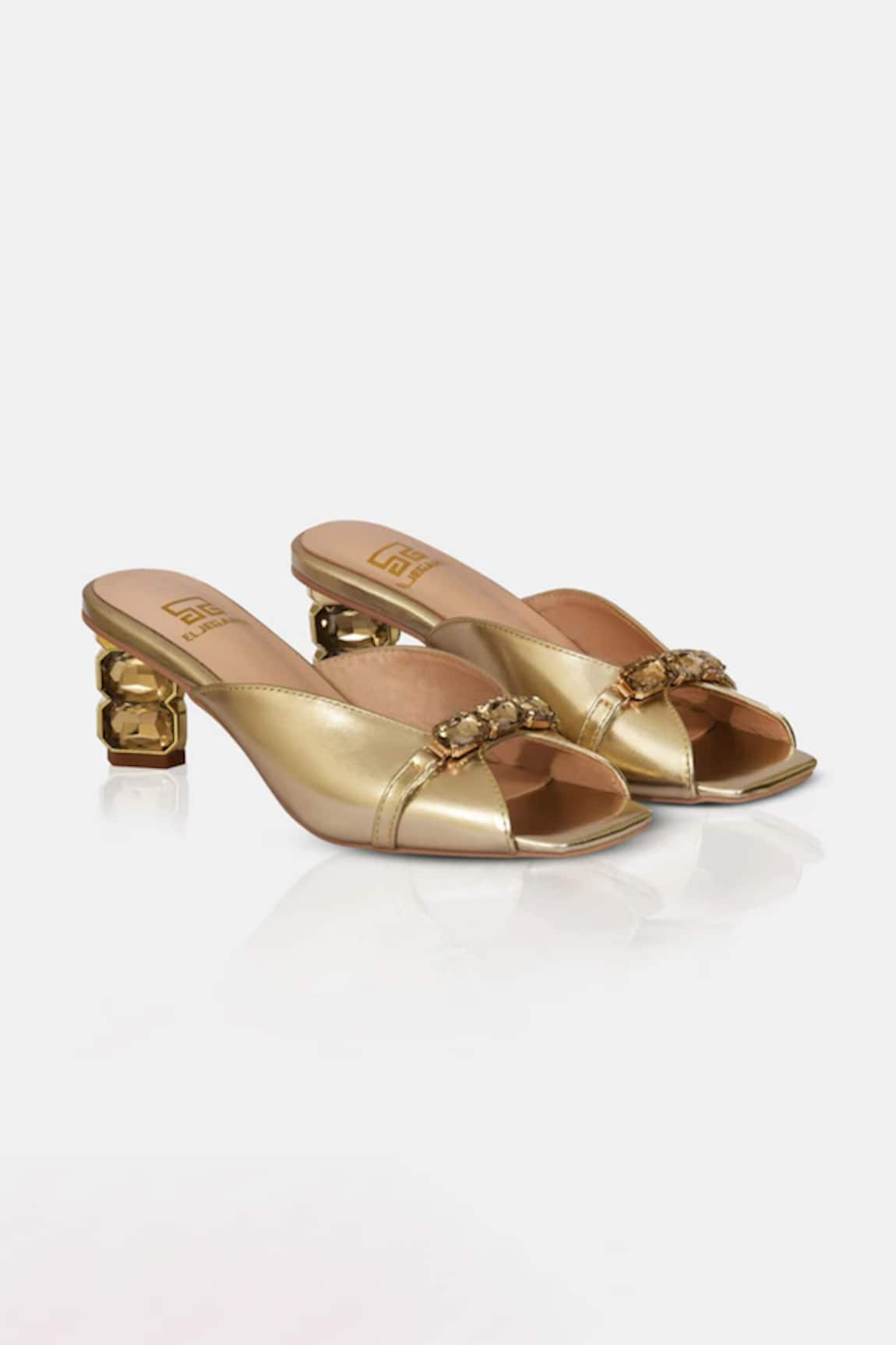 Elleganti Gold Metallic Crystal Heeled Sandals 