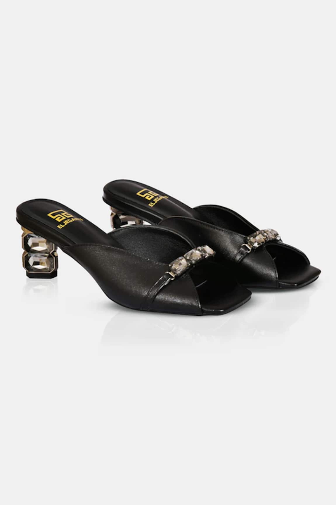 Elleganti Black Metallic Leather Mule Heels 