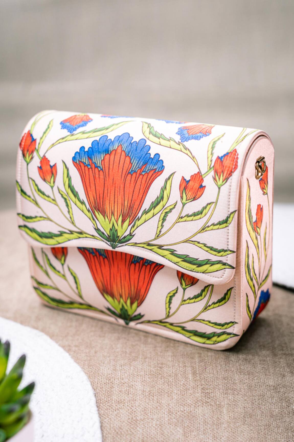 NR By Nidhi Rathi Peach Floral Suede Box Clutch 
