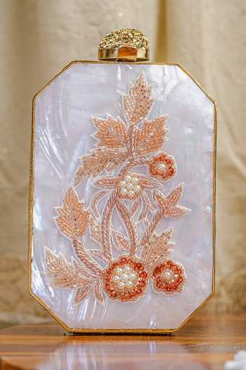 NR By Nidhi Rathi White & Gold Embroidered Pearl Beaded Clutch 