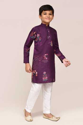 Petite Pomme Purple Printed Kurta & White Pant Set 