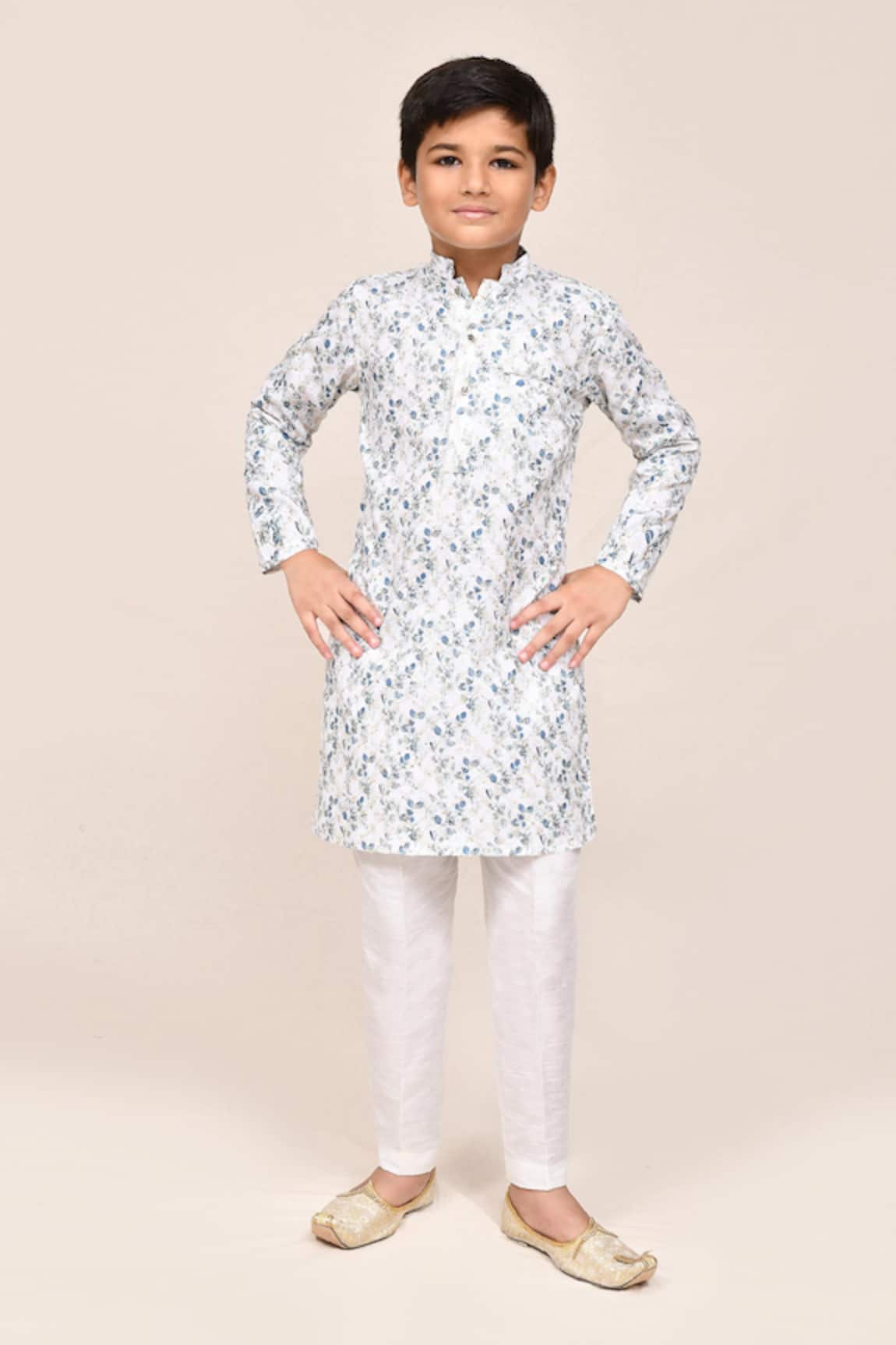 Petite Pomme White Printed Cotton Kurta & Pant Set 