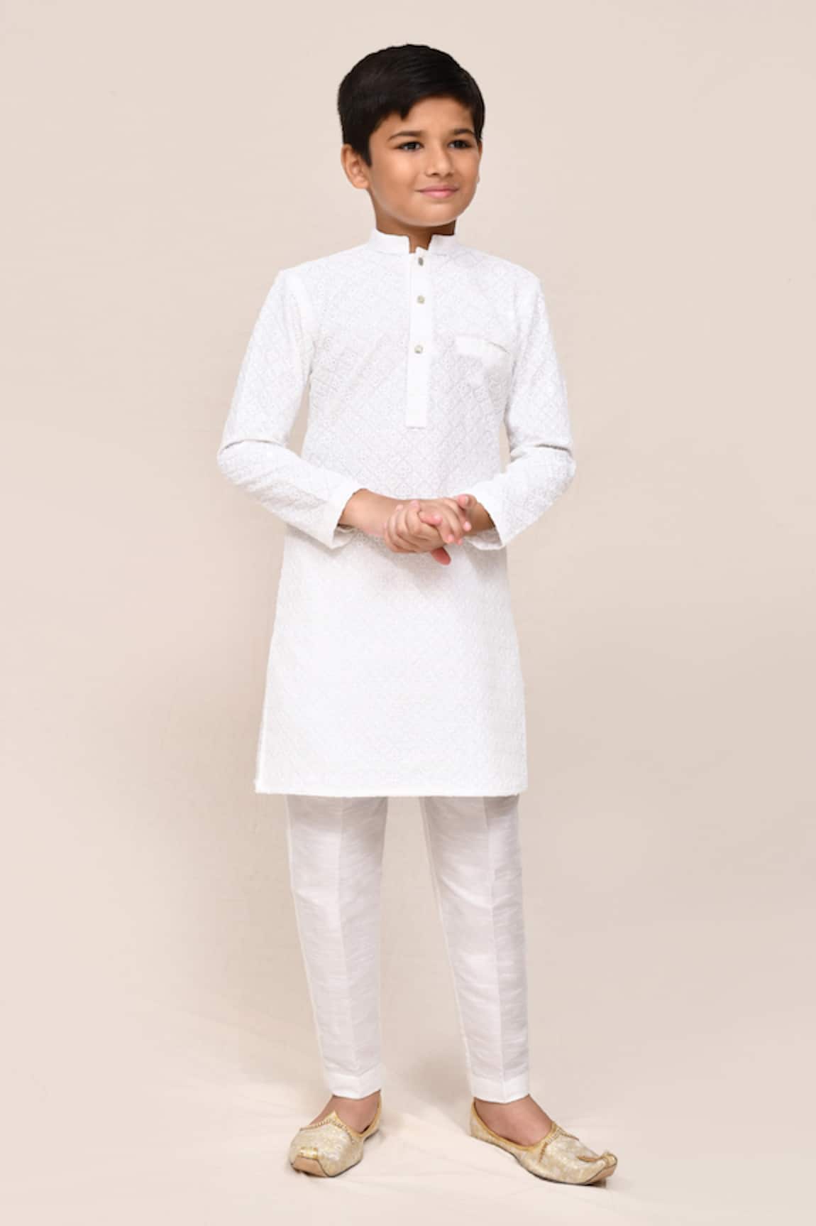 Petite Pomme White Embroidered Kurta Pant Set 