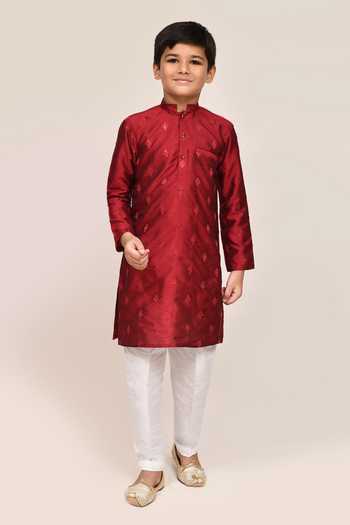 Petite Pomme Maroon Silk Kurta & White Pant Set 