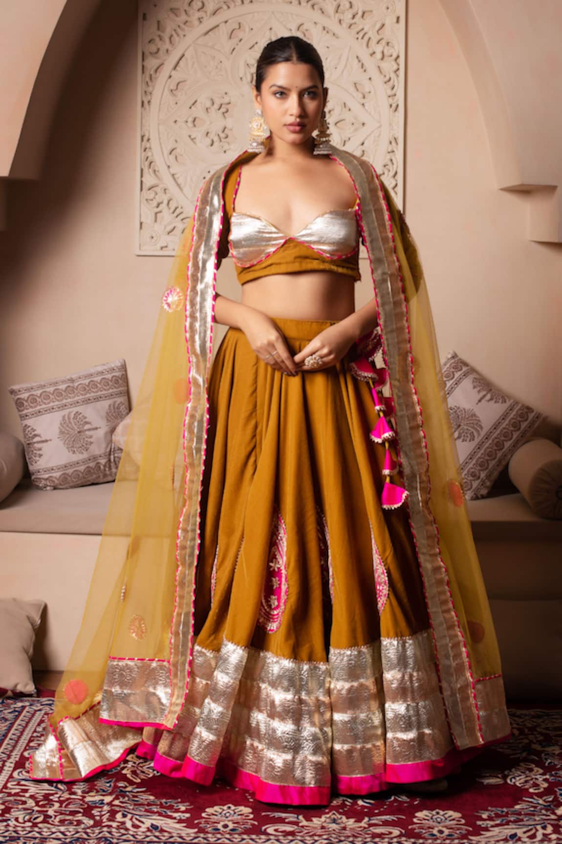 Pomcha Jaipur Mustard Velvet Lehenga Set 