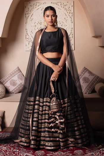 Pomcha Jaipur Black Gota Patti Lehenga Set