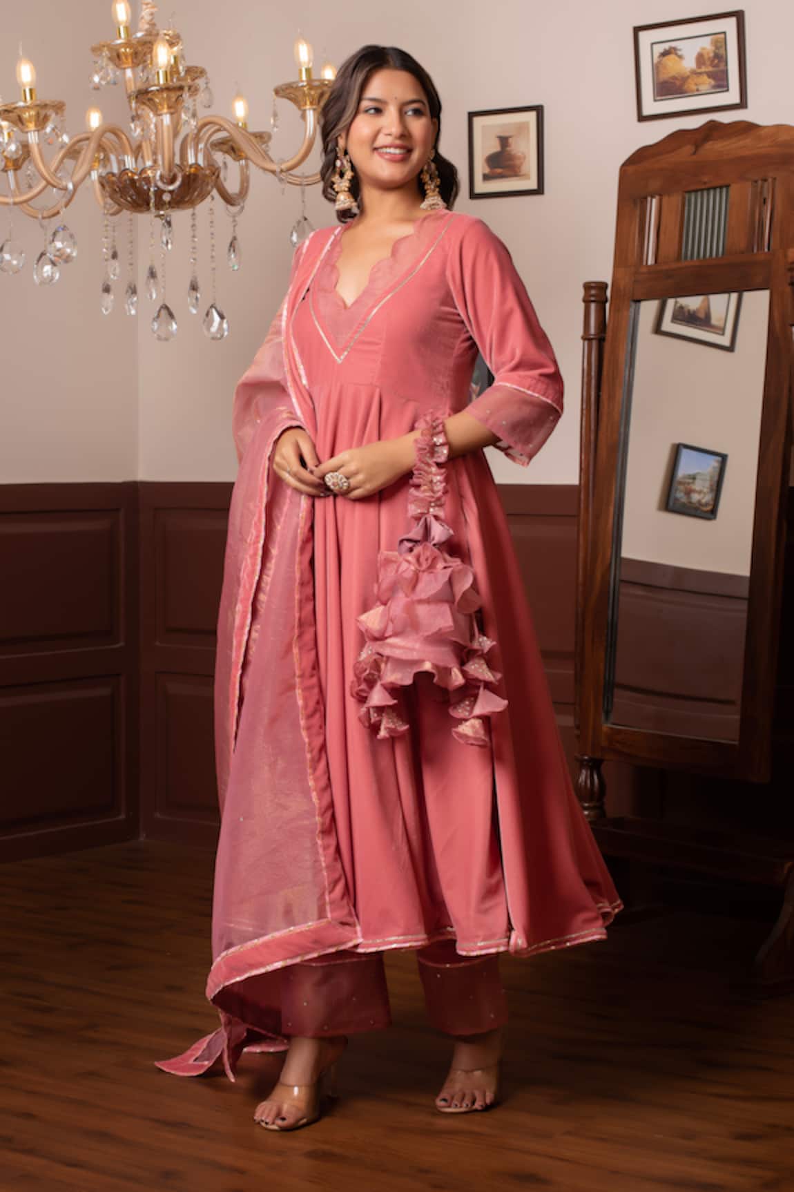 Pomcha Jaipur Peach Velvet Anarkali Set  