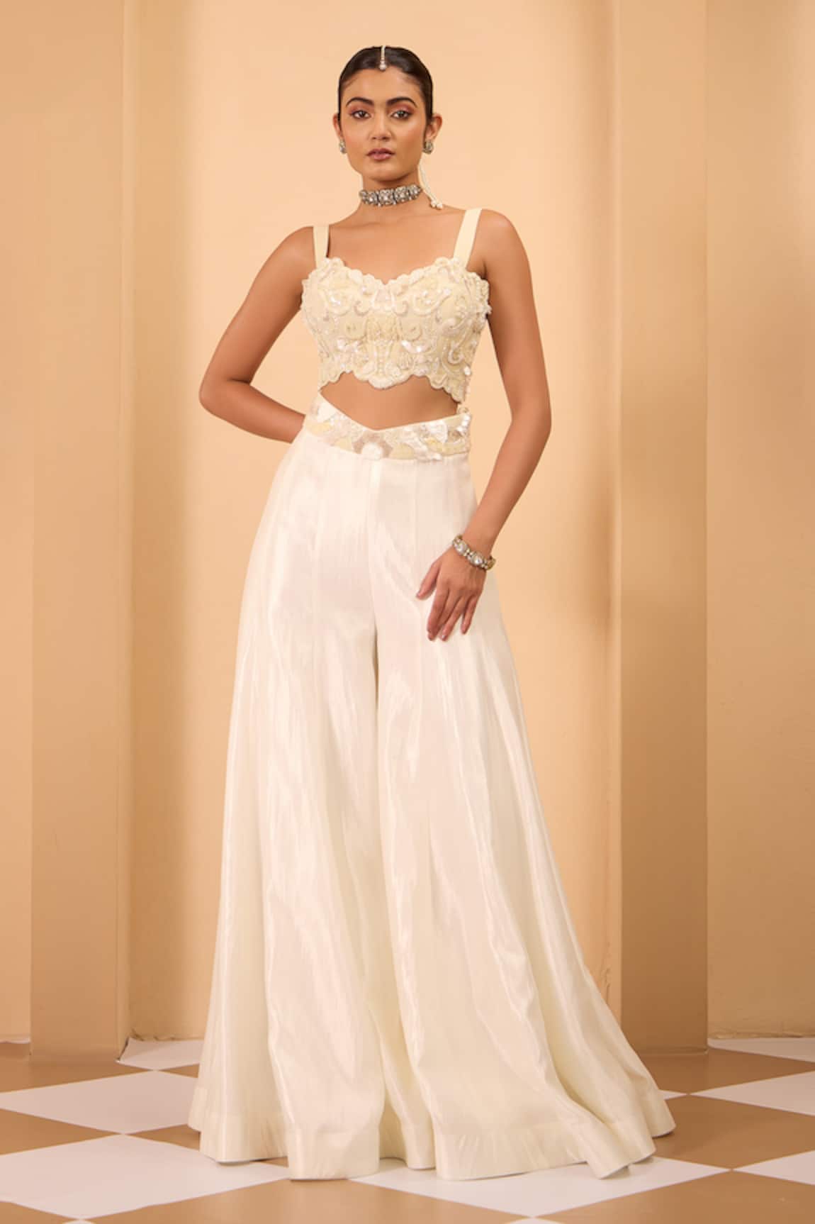One Knot One By Ashna Ivory Embroidered Top & Sharara Set 