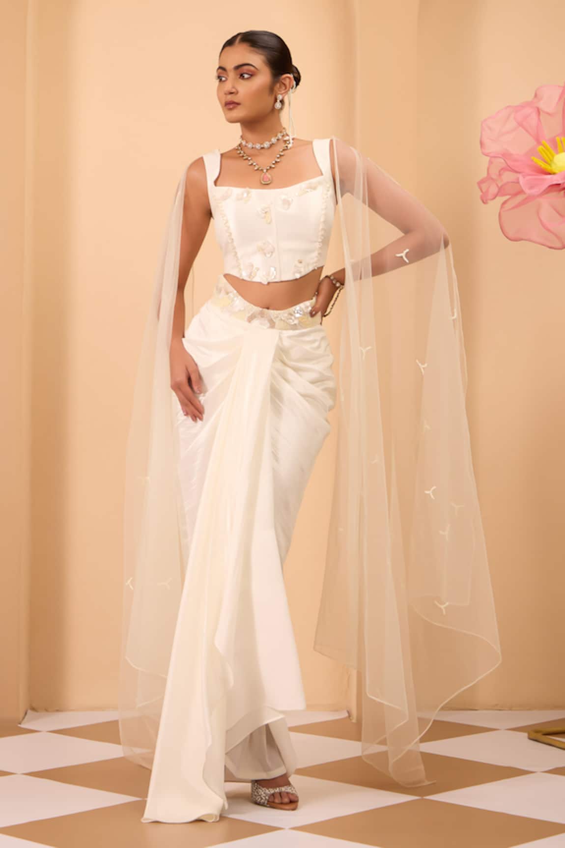One Knot One By Ashna Ivory Shimmer Silk Corset & Drape Skirt Set 