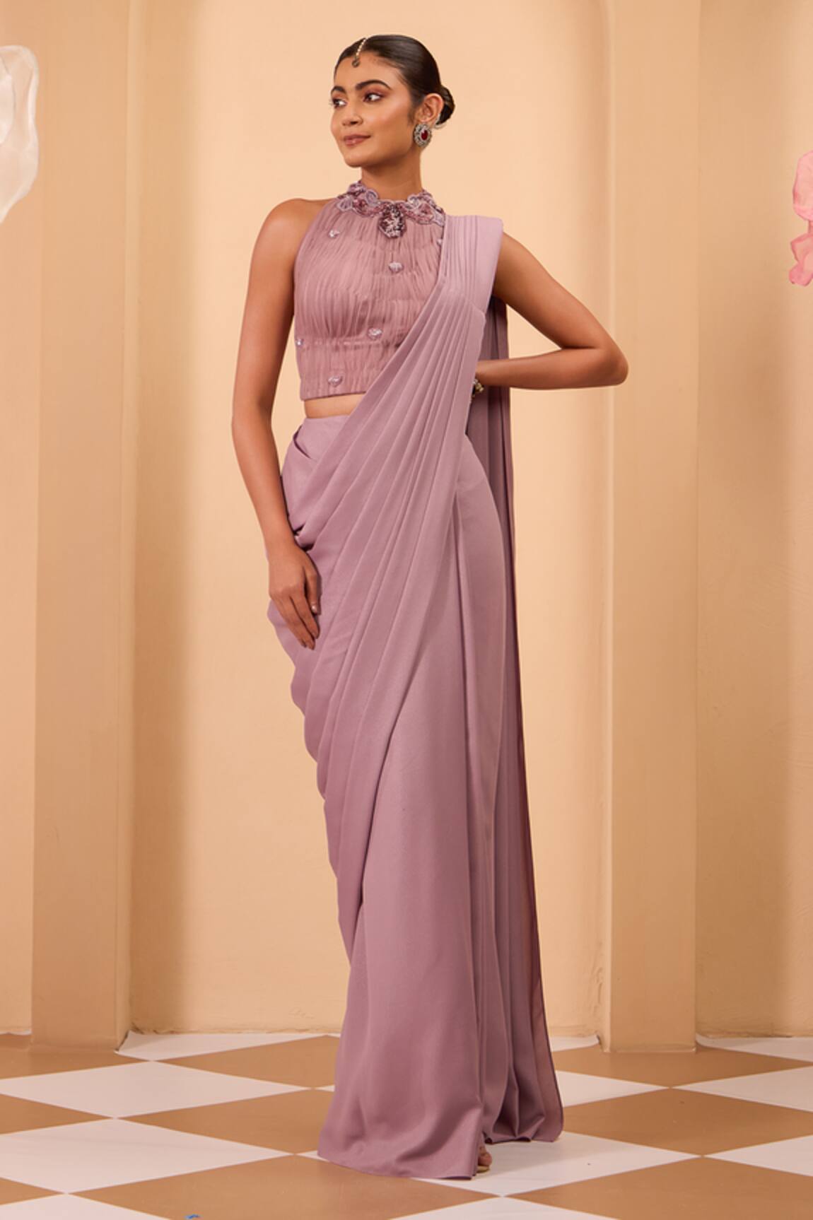One Knot One By Ashna Purple Foil Georgette Pre-Draped Saree Set 