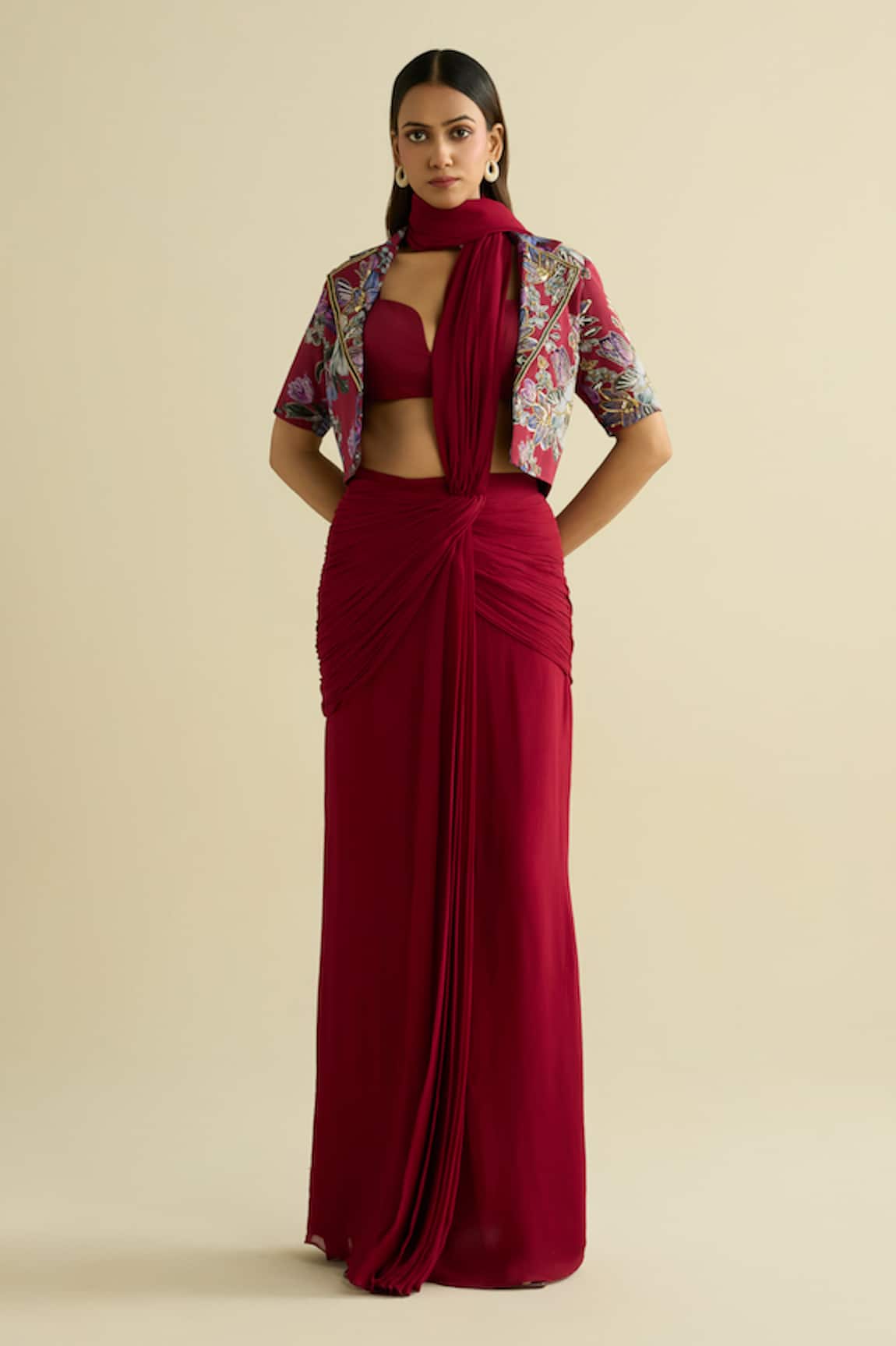 Meesa Embroidered Maroon Crepe Jacket 