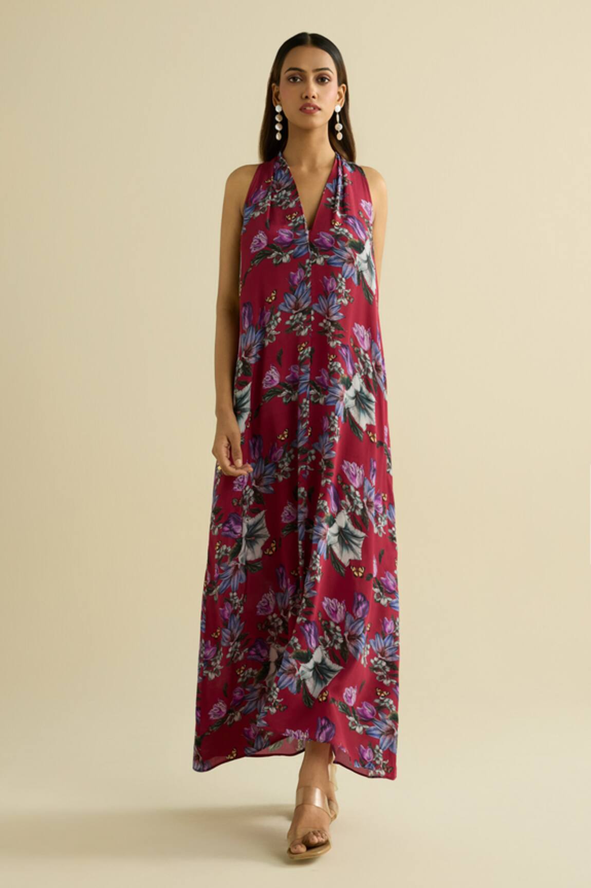Meesa Maroon Floral Printed Designer Dress 