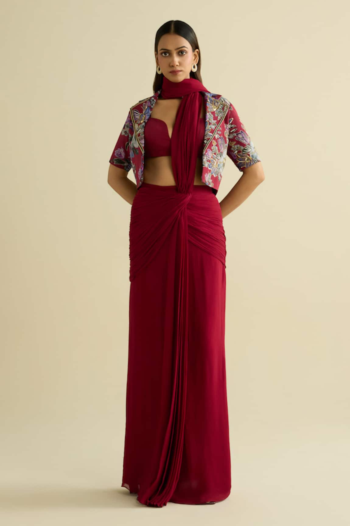 Meesa Maroon Georgette Saree & Jacket Set 