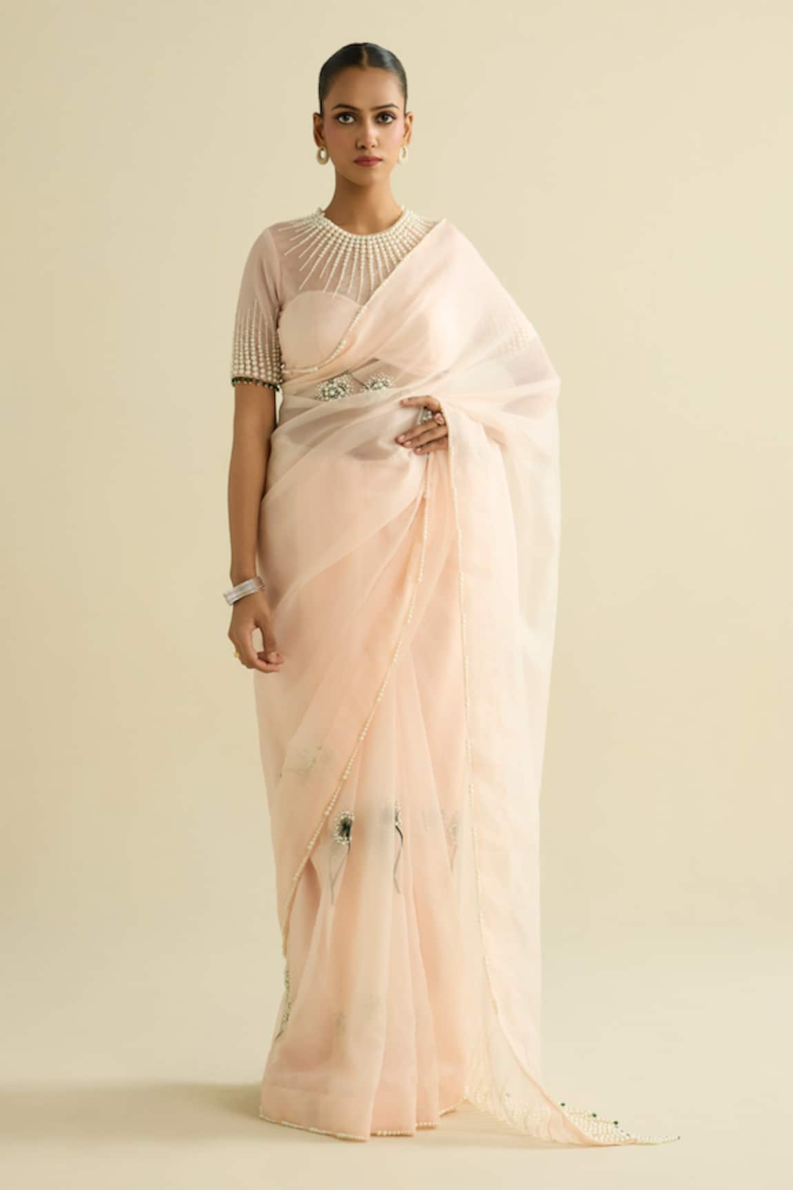Meesa Pink Organza Embroidered Saree & Blouse Set 
