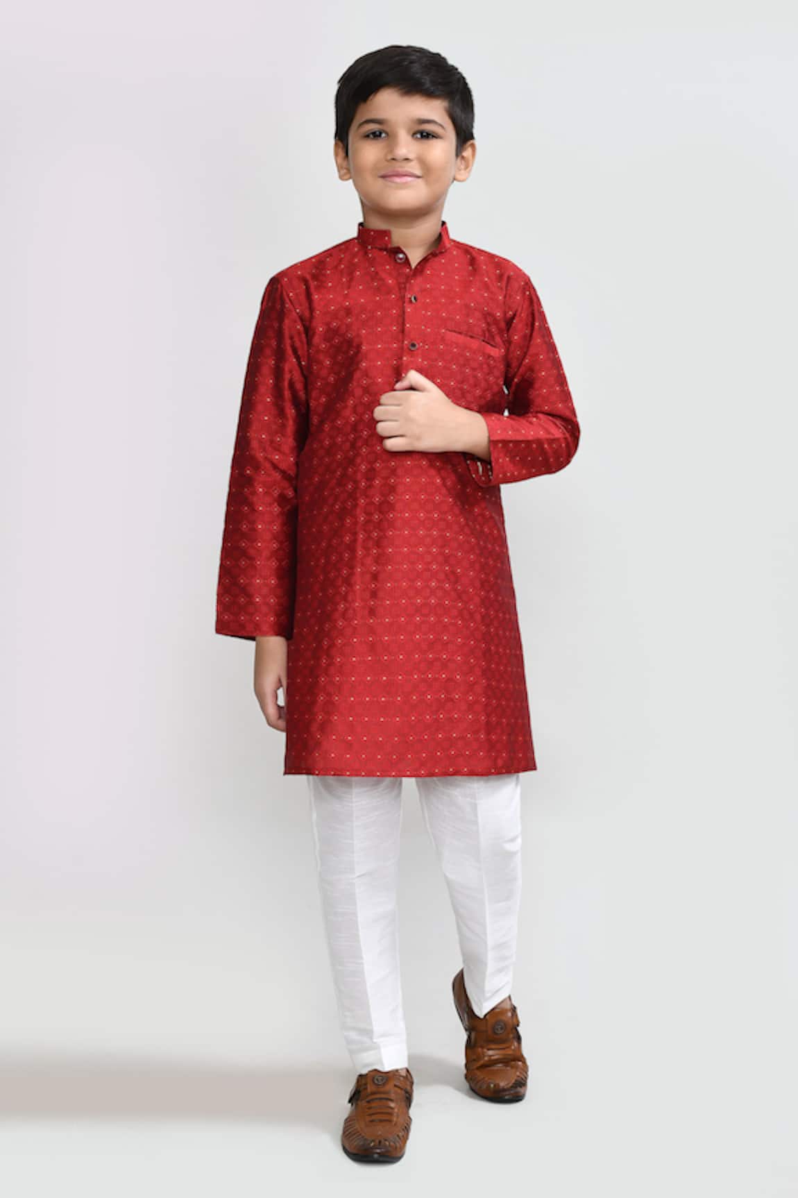 Petite Pomme Red Jacquard Silk Kurta & White Pant Set 